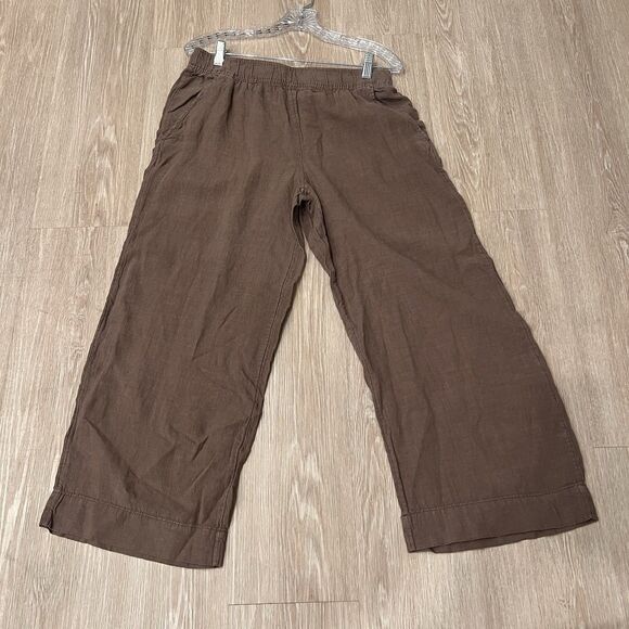 Tahari Essentials 100% Linen Pull On Pants Size Large Wide Leg Brown Beach Boho - Picture 1 of 6